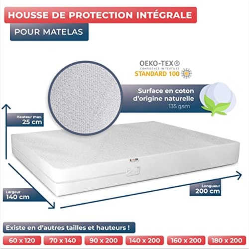 WRAPPYBAG Housse de Matelas Imperméable – Housse Intégrale Anti-Punaise de Lit & Acarien – Alèse Protège Matelas sans Traitement Chimique – Surface Coton Doux & Confortable – 14 Tailles Disponibles