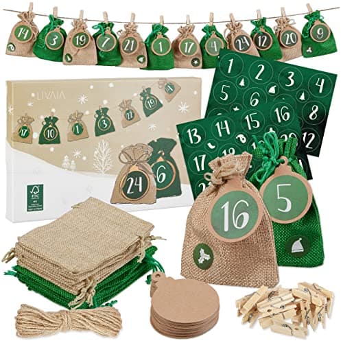 Calendrier de l'Avent à remplir, jute : Calendrier de l'Avent 2023 à remplir soi-même, jute - chiffres adhésifs, 24 sachets - pour enfants, LIVAIA