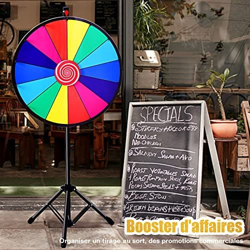 RELAX4LIFE Roue de la Fortune avec 14 Emplacements, Brosse et Marqueur Effaçable Fournis, Diamètre de la Roue 48CM (φ60CM-Hauteur Réglable)