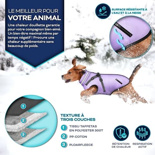 TRESKO® Manteau d'hiver pour Chiens avec réflecteurs INCL. 15 Sacs à crottes + Distributeur | Imperméable pour Chiens étanche | Manteau avec Harnais | Veste d'hiver doublée (L, Violet)