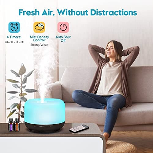 LONID 500ml Diffuseur d'Huile Essentielle, Ultrasonique Diffuseur Huiles Essentielles, Humidificateur d'air lumières 7 Colorées,Arrêt Automatique 4 Timing, Spa, Yoga, Massage,Apaisant (Noir)
