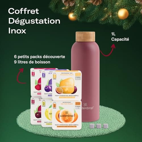waterdrop® Coffret Cadeau, Bouteille Isotherme 600 ml, Étanche et Compatible avec Eau Gazeuse,18 Cubes à Boire Sans Sucre, Idée Cadeau Noël Femme & Homme, Premium Cadeau de Noël
