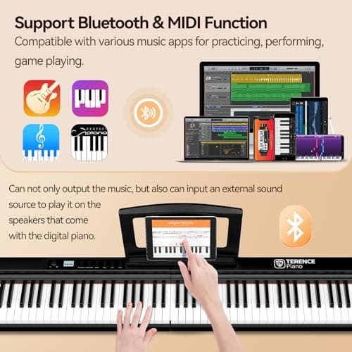 TERENCE Pliable Piano Numérique 88 touches avec Haut parleur 2x25W Batterie de 2000mAh lestées Pédale de Sustain interface MIDI avec support de partitions Bluetooth Sacs pour Piano Câble audio Casque