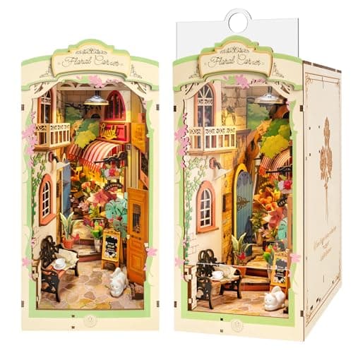 Rolife Book Nook Coin des Fleurs Booknook avec Lumière LED Kit Maisons de Poupées DIY Maison Miniature Puzzle en Bois 3D pour Adultes Bibliothèque Décoration Cadeau d'anniversaire