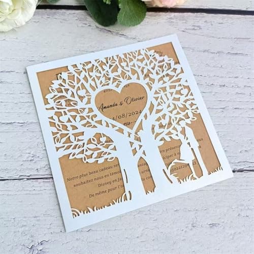 MillaSaw Carte de mariage romantique invitation faire-part arbre d'amour cartes découpées au laser 20 sets (blanc)