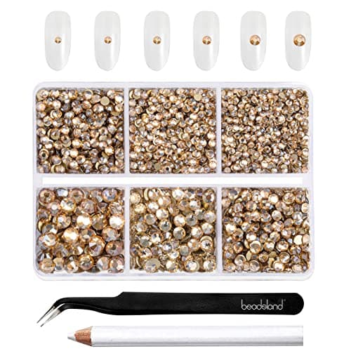 Beadsland SS6–SS20 Lot de 4300 strass ronds à dos plat pour bricolage – Mélange de 6 tailles – Avec pincette et stylo à cire – SS6–SS20 – Champagne doré