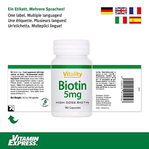 Biotine 5000 mcg, Accélère Pousse Cheveux, Ongles, Peau. Dbiotine, forme active naturelle de la biotin. 90 Gélules, 3 mois. Complément Alimentaire de Vitamine B. Sans Additifs, Vegan. VitaminExpress.