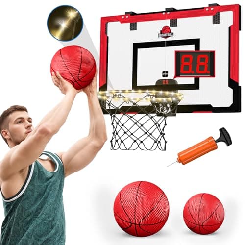 HYES 24" x 16" Panier de Basket Interieur pour Enfants, Panier de Basket avec Scoreboard et éclairage, Panier Basket Chambre avec 2 Ballons, Pompes, Jouet de Sport pour extérieur, Rouge