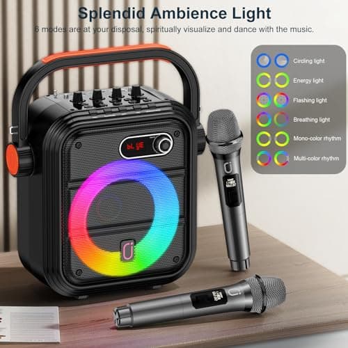 JYX Machine de karaoké avec 2 Microphones sans Fil, Enceinte Karaoke Complet avec Lumières de fête, Portable Système Karaoké Support TWS/AUX/FM/USB/TF Carte