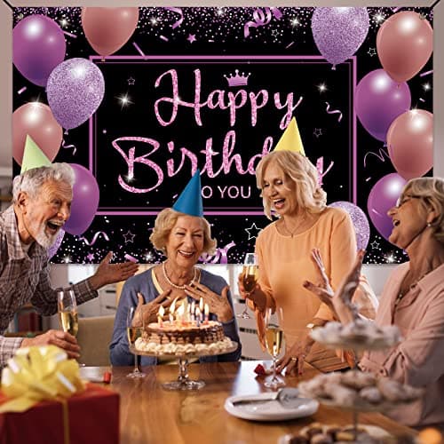 Koliphy Decoration Anniversaire, Noir Violet Banderole Joyeux Anniversaire Fête Deco Pour Hommes Femmes, Anniversaire Photographie Fond Bannière, 70,8 x 40,3 Pouce