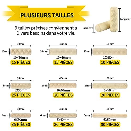 200 pièces Chevilles en bois, Goujon en bois de hêtre massiv 6mm 8mm 10mm Chevilles en bois fabriqués en bois Fraiseuse, rainurage, bricolage, menuiserie