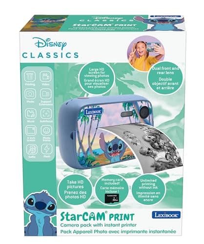 Lexibook, Disney Stitch, Appareil Photo StarCAM Print avec imprimante instantanée, Fonctions Photo et vidéo, Carte Micro-SD 32Go et kit de Personnalisation des Photos Inclus, DJ150D