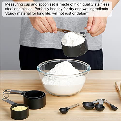 Measuring Cups, HENGBIRD Ensembles de cuillères doseuses, Lot de 8 Ensemble cuillère à mesurer et Tasse à mesurer avec poignées en acier inoxydable pour liquides et solides (Noir)