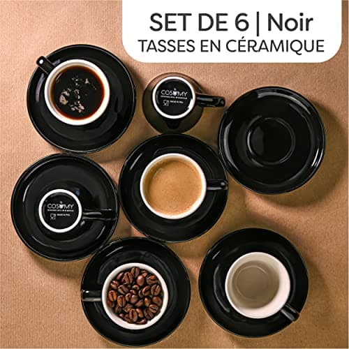 Cosumy Lot de 6 Tasses à Expresso Noires avec Soucoupes - Céramique - Lavable au Lave-vaisselle - Avec Boîte Cadeau - 70ml