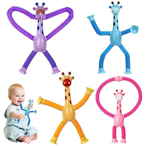 4 Pièces Jouet Girafe Télescopique avec Ventouse, Jouet de Girafe à Ventouse Télescopique pour Enfants Girafe Pop Tube Jouet, Jouet Educatif Amusant de Soulagement du Stress