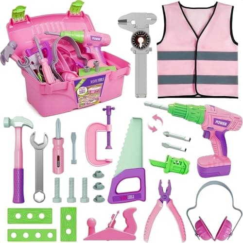 ANYCESO Ensemble d'outils électriques pour Enfants, Coffret de Jouets de Construction, visseuse sans Fil, idée Cadeau pour garçons et Filles de 3 à 8 Ans, Rose
