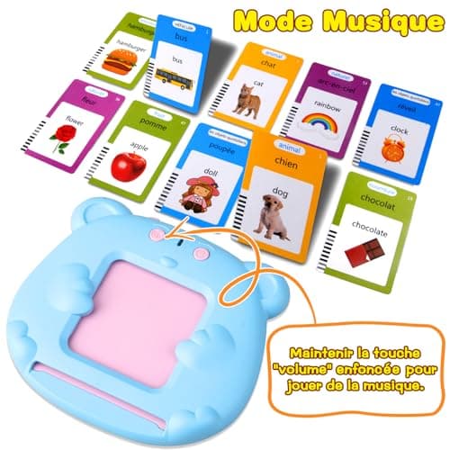 Sunity Cartes Flash parlantes pour Enfants, Mot ami Jeux français de 2 à 6 Ans avec de la Musique, Jeux educatif 2 Ans, Jouets préscolaires pour écouter et Apprendre Bleu(Français/Anglais/Bilingue)