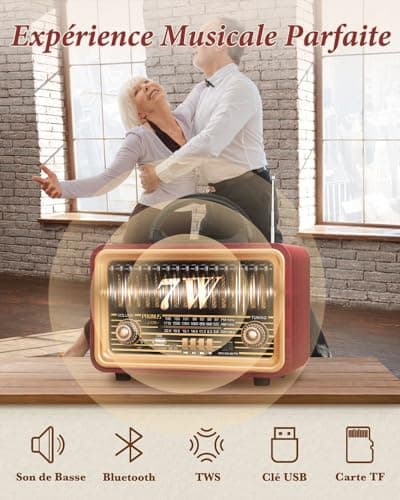 Poste Radio Vintage, PRUNUS J-170 Radio Vintage Retro AM/FM/SW Radio Portable Rechargeable avec Batterie 1800mAh, Radio Bluetooth avec Son Stéréo Puissant, Support pour USB/TF/TWS
