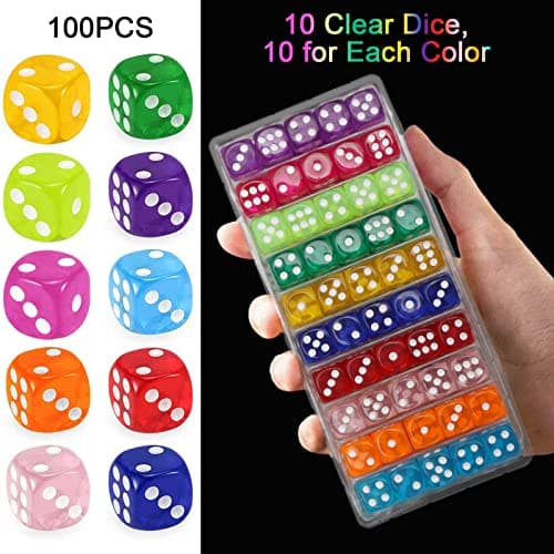 Glaxcidy 100 Pièces Désde 6 Côtés, 10 Couleurs Jeu de Dés Translucides, 14 mm Dés de Jeu en Acrylique, Dés d'angle Rond pour DND Dice Table Jeux, l'enseignement des Mathématiques, Jeux de Fête
