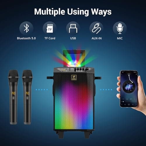 TONOR Enceinte Karaoké avec 2 Microphones sans Fil, Karaoke Complet avec Réglage des Graves/Aigus, Enceinte Sono Haut-Parleur Bluetooth Portable avec Lumières DJ pour Maison Fête Classe et Eglise K20