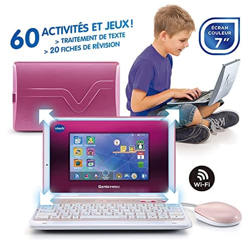 VTech - Genio MAX, Mon Premier Vrai Ordi Rose Métal, Ordinateur Enfant avec Écran Couleur 7 Pouces, Souris, 60 Activités et Jeux Éducatifs, Cadeau Enfant de 5 Ans à 12 Ans - Contenu en Français