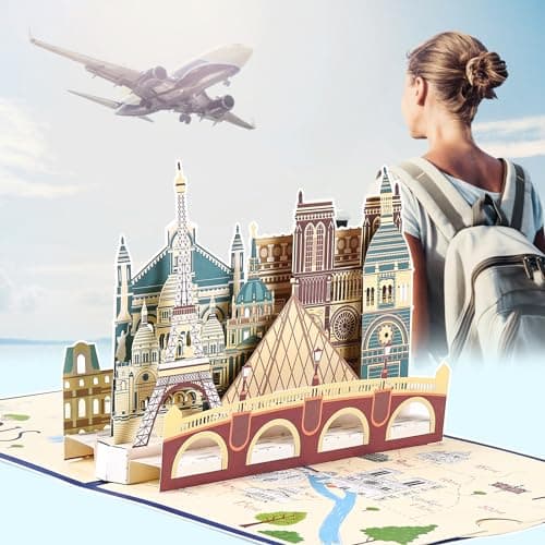 joyoldelf Carte Voeux de Voyage Pop Up - Carte Anniversaire 3D, Carte Retraite, Cadeau Voyage Vacances, Billet Avion, Convient Aux Hommes, Femmes, Amis, Voyage, Lune De Miel(Tour de Paris)