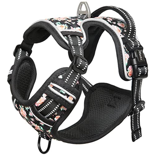 HEELE Harnais Chien, Harnais Chien Anti Traction, Réfléchissant, avec Poignée Rembourrée Contrôl, 2 Anneaux Métal, Harnais pour Petit Moyen et Grand Chien, Fleur-Noir, L