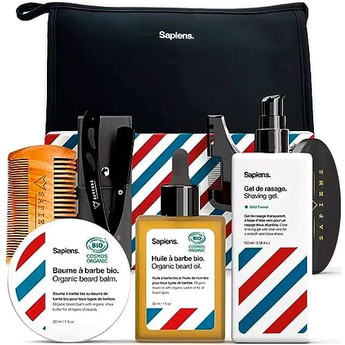 Kit de Rasage et Soins Barbe Bio Sapiens - Coffret Barbe Homme avec Soins barbe Made in France - Gel à raser, Huile Barbe Bio, Baume Barbe Bio, Rasoir Coupe Choux, Accessoires, Trousse de Toilette