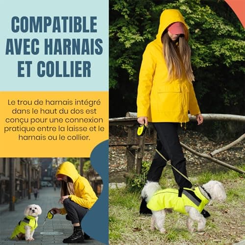 DOGOPAL Imperméable Chien - Manteaux Imperméables Légers & Confortables pour Chiens de Petite, Moyenne et Grande Taille - Manteau à Surface Réfléchissante avec Ouverture Harnais - (Jaune, XXL)