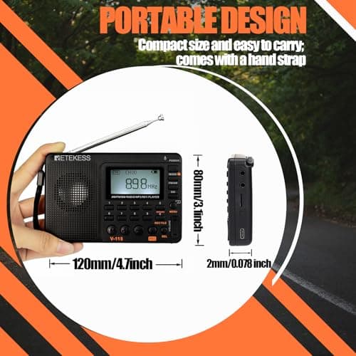 Retekess V115 Radio Portable,Petite Radio Rechargeable,FM AM SW, Piles et Secteur,Carte TF,Enregistreur, MP3,Minuterie de Sommeil,Salle de Bain,Cuisine(Noir)