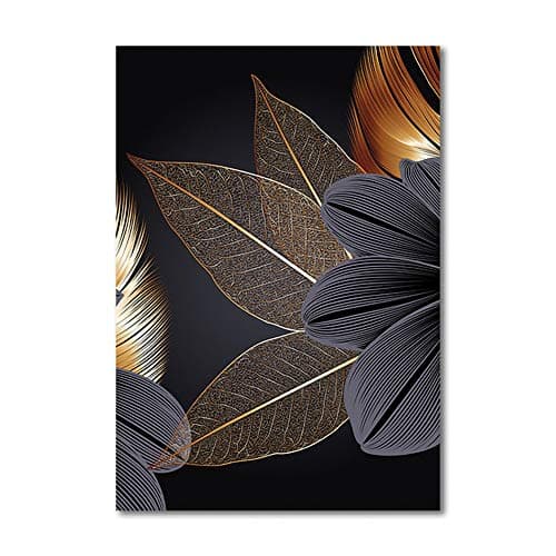 OYFFL Noir Feuille d'or Toile Peinture Plante Affiche Impression Moderne décor à la Maison Abstrait Mur Art Peinture Nordique Salon décoration Photo (3,20 * 30cm sans Cadre)