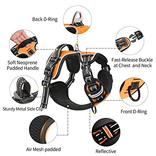 HEELE Harnais Chien, Harnais Anti Traction Réfléchissant Harnais pour Moyen Grand Chien avec Poignée Rembourrée, 1 Boucle sur la Sangle Droite de Cou Rendent Facile à Mettre et à Enlever, Orange, L