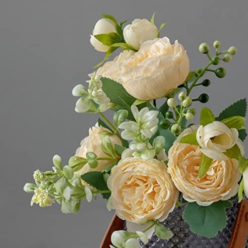 Hobyhoon Lot de 4 Bouquets de pivoines artificielles pour décoration de Vase, Mariage, décoration d'intérieur (Beige)