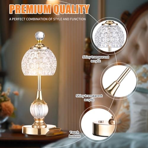Zoeger Lampe de table en cristal sans fil - 3 couleurs - Lampe de table LED vintage - Lampe de table LED sans fil - Lampe de table sans fil - Lampe de table à batterie - Intensité variable