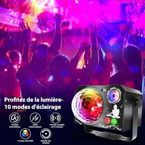 Lampe de Scène 4 en 1, Fwiull Lumière Disco avec Télécommande et Stroboscope, 65 Effets Lumineux RGB UV, USB Lumineux Boule Disco Musique Commande Vocale, Idéal Lumiere pour Soirée, Fête, Karaoké,Noël