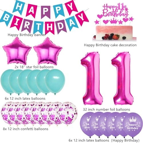 Ballons anniversaire 11 Rose,Ballon 11 ans anniversaire fille,Décoration anniversaire 11 Rose,Ballon 11 ans anniversaire Rose,Décoration fête 11 ans fille,11 ans Topper de Gâteau Rose
