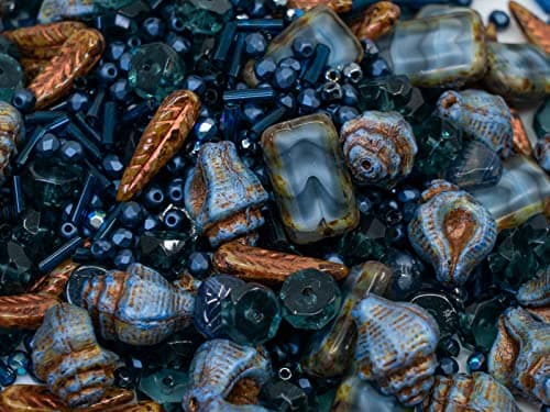 60 g Mix of Unique Czech Bohemia Glass Pressed Beads, Dark Blue, Table Cut, Matte and Glossy, Faceted Fire Polish, Hand Made Set Kit BCV