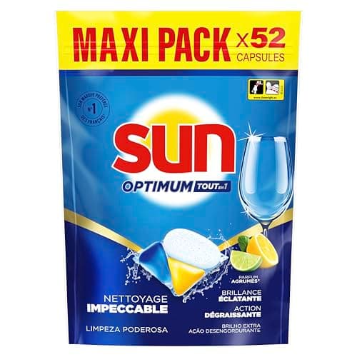 SUN - Optimum Pastilles Lave-Vaisselle Tout en 1-52 capsules - parfum agrumes - nettoyage impeccable - tablettes efficaces même en cycle court