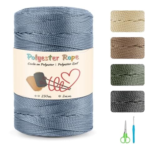 Estcoo Corde en Polyester, 250m Fil de Crochet, Corde en Premium Polypropylène avec des Ciseaux et des Crochet, pour Travaux Manuels, Déco de Maison,Assiettes de Table, Sac à Main, Bleu Foncé