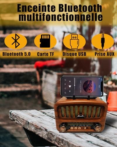 Poste Radio Portable avec Haut-Parleur Bluetooth, AM/FM/SW Petite Radio Vintage avec Haut-Parleur 5W et Bluetooth 5.0, Transistor Radio a Pile avec Fonction USB/TF/AUX (Or)