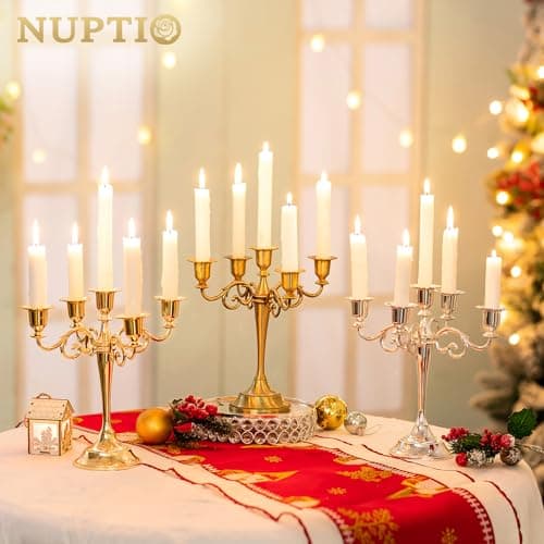 Nuptio Candélabres Bougeoirs Dorés 5 Bras en Métal Bougeoirs 27cm Haut Bougeoir Conique pour Mariage Fête d'anniversaire Table À Manger Salon Cheminée Décorations Noël