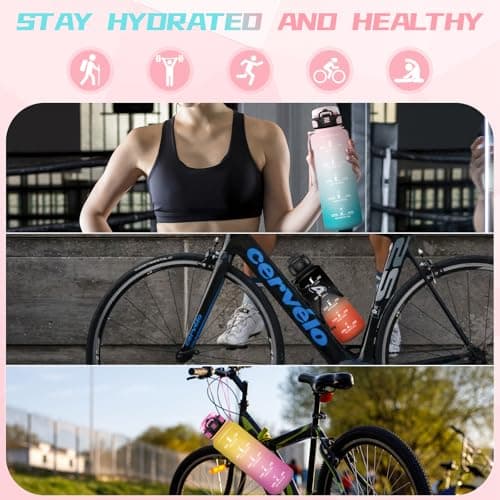 Gourde 1.5L, Gourde Sport avec Paille, Gourde Motivation anti Fuite, avec Marqueur de Temps, Gourdes de Camping et Randonnée, Facile à Nettoyer, Gourde Adulte pour Yoga, Running, Camping, Rose-Cyan