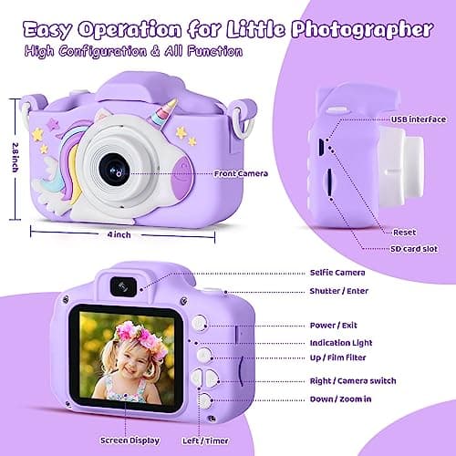Appareil Photo Enfant 3-12 Ans, 48MP Appareil Photo 1080P Vidéo HD Appareil Photo Enfant Rechargeable Caméscope, Cadeau Jouet Filles Garçons 3 4 5 6 7 8 9 10 Ans, 32G SD Carte et Licorne Étui Silicone