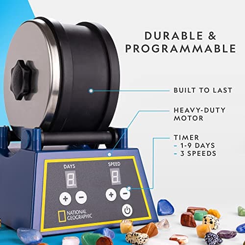NATIONAL GEOGRAPHIC Kit de culbuteur de Roches – très Grande capacité de 1,36 kg, 1,36 kg de Pierres précieuses brutes, 4 Grains de Polissage, fermoirs à Bijoux, Un kit Scientifique et éducatif STEM