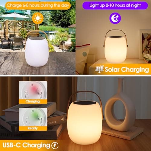 ZWOOS Lampe de Table Sans Fil, Énergie Solaire/Rechargeable par USB, Lampe a Poser LED RVB, avec Mode Scintillement de Bougie, Étanche IP54, avec Télécommande