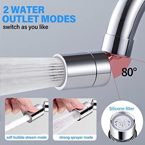 ZONSUSE 360° Pivotant Aérateurs de Robinet, Embout Robinet Cuisine, Aérateurs pour Robinet Pivotant, 2 Modes Mousseur Robinet Economie Eau, Pour lavabo de Cuisine de Salle de Bain (Argent)