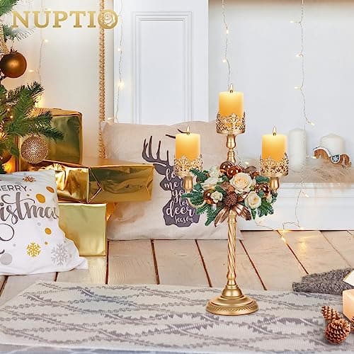 Nuptio Chandeliers Or 56cm 3 Bras Chandeliers Piliers Métal 3-Bougies Chandeliers Centrepiece Vintage Chandeliers pour Noël Pâques Anniversaire Fiançailles Mariage Décorations