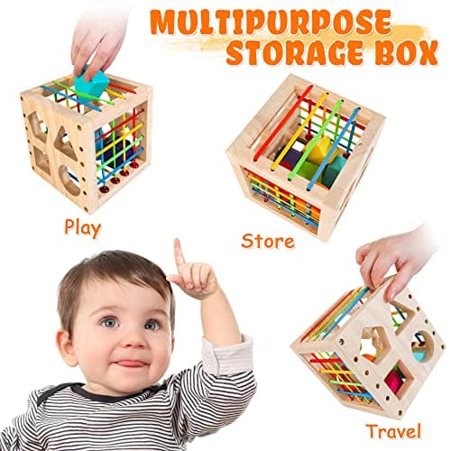 HELLOWOOD Jeu de tri Montessori Cube à emboîter à partir de 1 an, Cube de motricité avec 8 Cubes à emboîter, Jouets en Bois pour Enfants à partir de 1 2 3 Ans