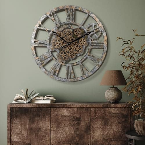 Lafocuse Horloge Murale Geante avec Engrenages Mobiles, Marron Industrielle Bois, Steampunk XXL Vintage Pendule Murale Retro, Chiffres Romains 57cm pour Salon Bar Bureau