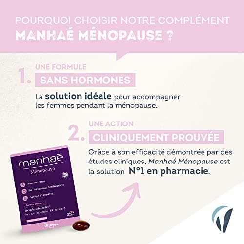 Vitavea Manhaé - Complément Alimentaire Ménopause et Pré-Ménopause Sans Hormones - pour Confort & bien-être - Acide Folique, Omega 3,Zinc,Fer - 30 gélules - Cure de 1 mois - Fabriqué en France